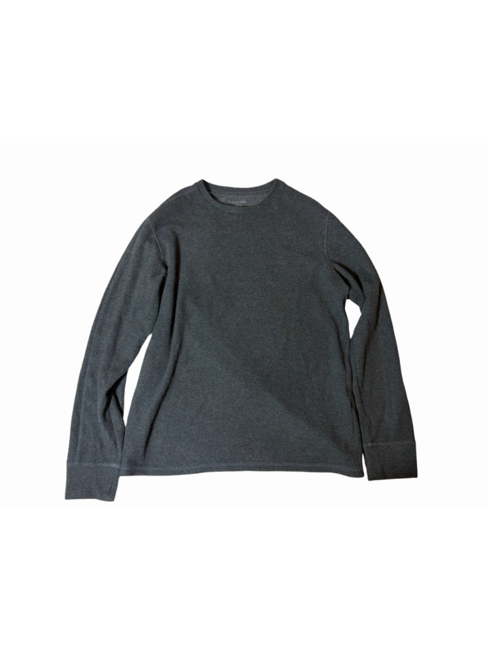 AllSaints Longline Fit Crew Charcoal S Waffle Knit Thermal Shirt Dark Academia